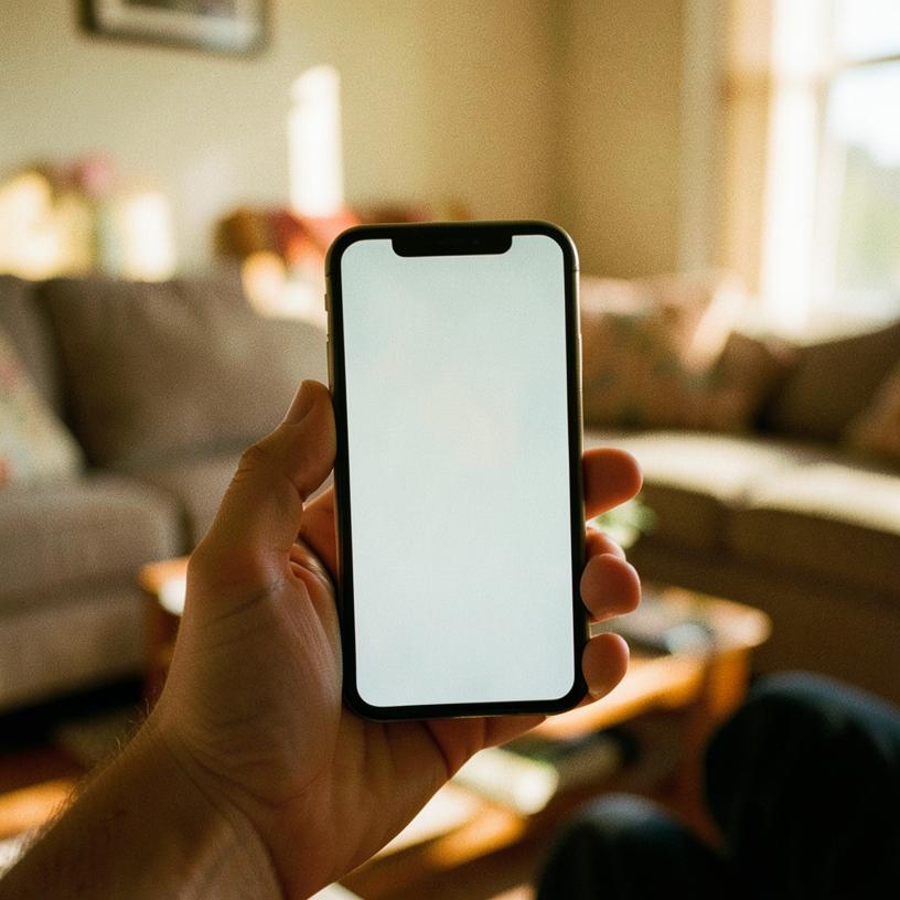 Hand som håller en telefon mot ett ljust köksbord