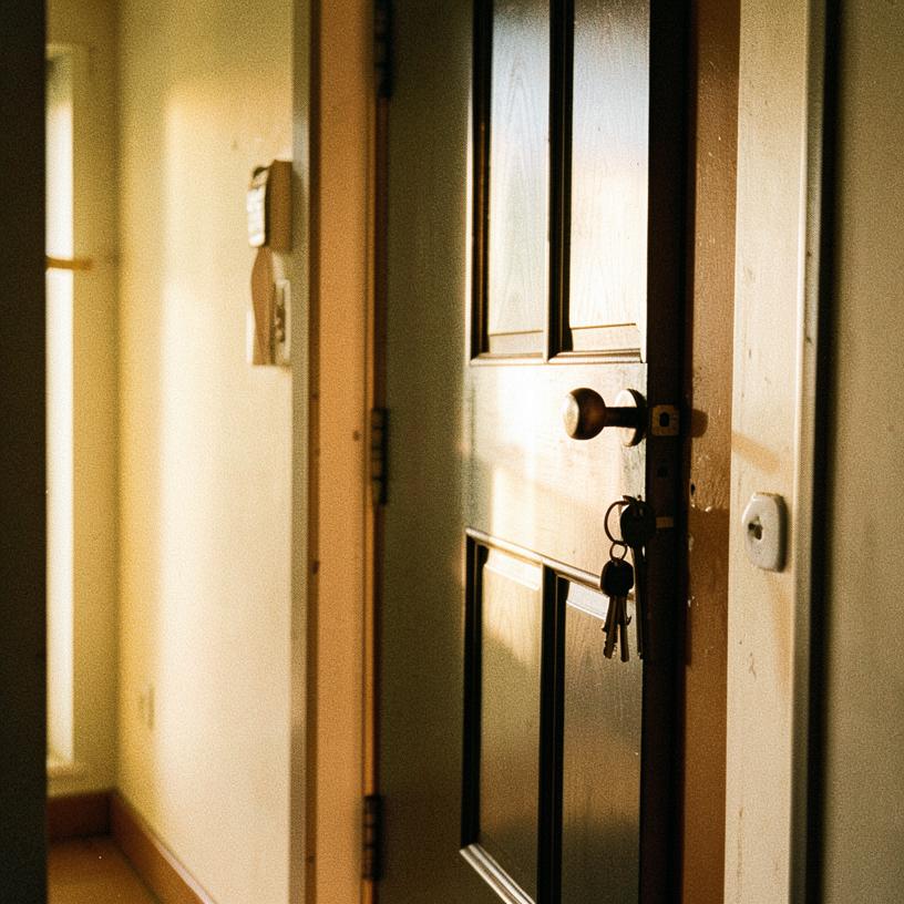 Ytterdörr sedd inifrån hallen med nycklar i låset